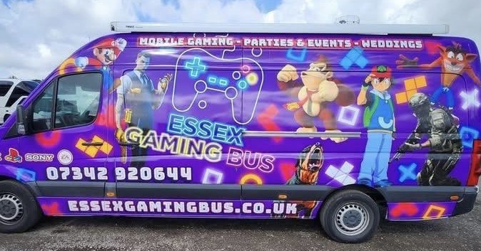 Purple Essex Gaming Bus ready for a hosted gaming party